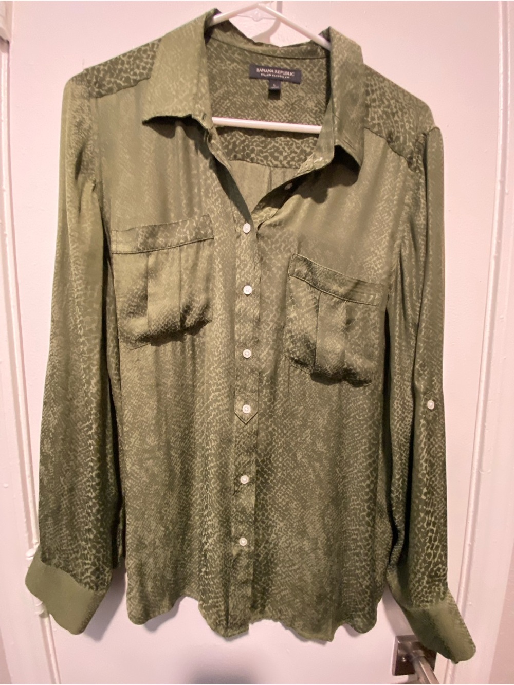 Banana Republic Olive Green Satin-Look Button Down Shirt